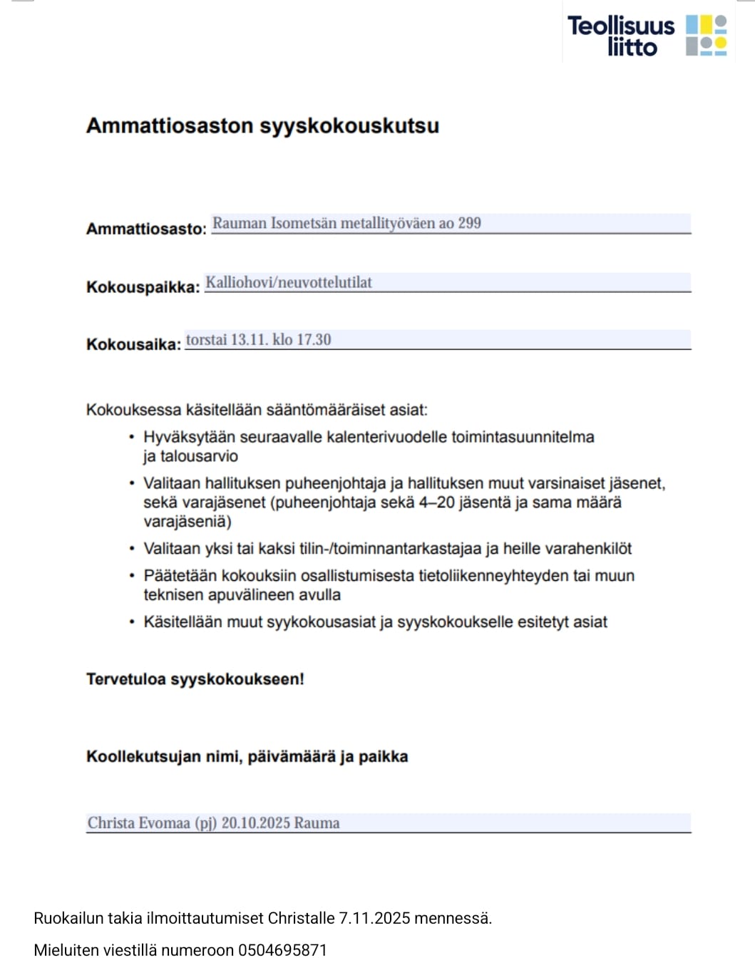 Ammattiosaston syyskokous